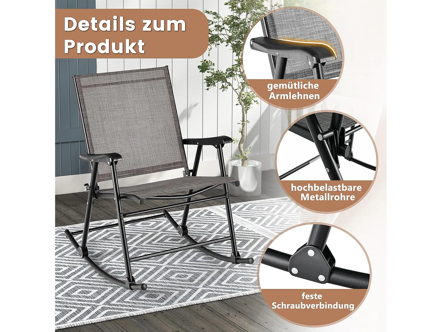 Inklapbare schommelstoelen, set van 2 tuinstoelen met ademende zitstof, schommelstoel voor achtertuin, terras, zwembad ZB33430