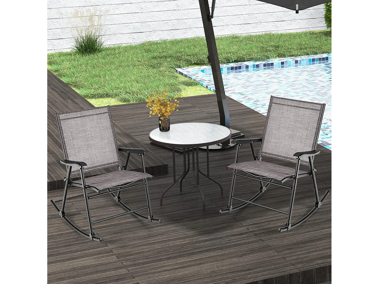 Inklapbare schommelstoelen, set van 2 tuinstoelen met ademende zitstof, schommelstoel voor achtertuin, terras, zwembad ZB33430