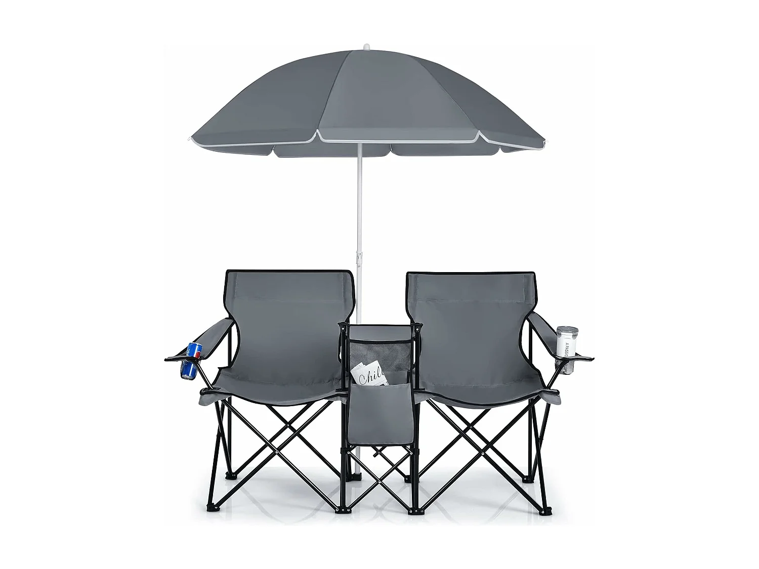 2-zits campingstoel met parasol, koeltas, bekerhouder en zijzak,inklapbare visstoel,klapstoel voor kamperen, vissen, picknick (grijs)AB92843