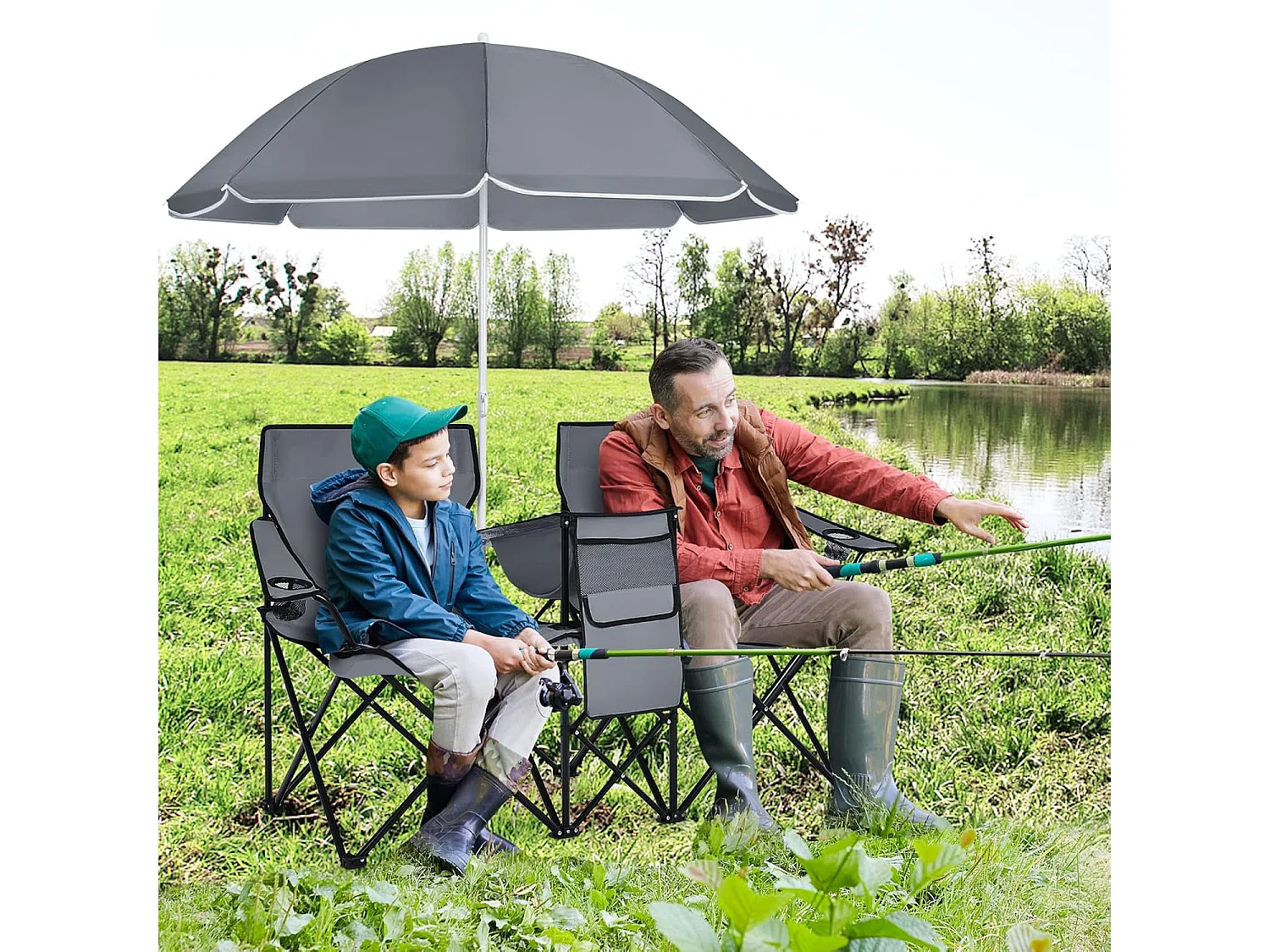 2-zits campingstoel met parasol, koeltas, bekerhouder en zijzak,inklapbare visstoel,klapstoel voor kamperen, vissen, picknick (grijs)AB92843