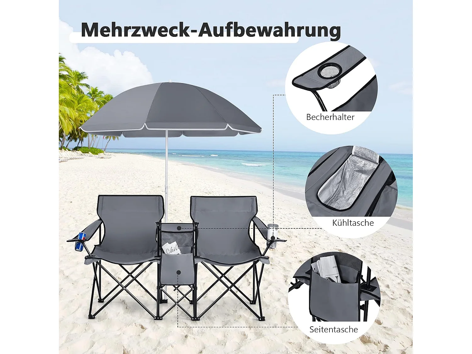 2-zits campingstoel met parasol, koeltas, bekerhouder en zijzak,inklapbare visstoel,klapstoel voor kamperen, vissen, picknick (grijs)AB92843