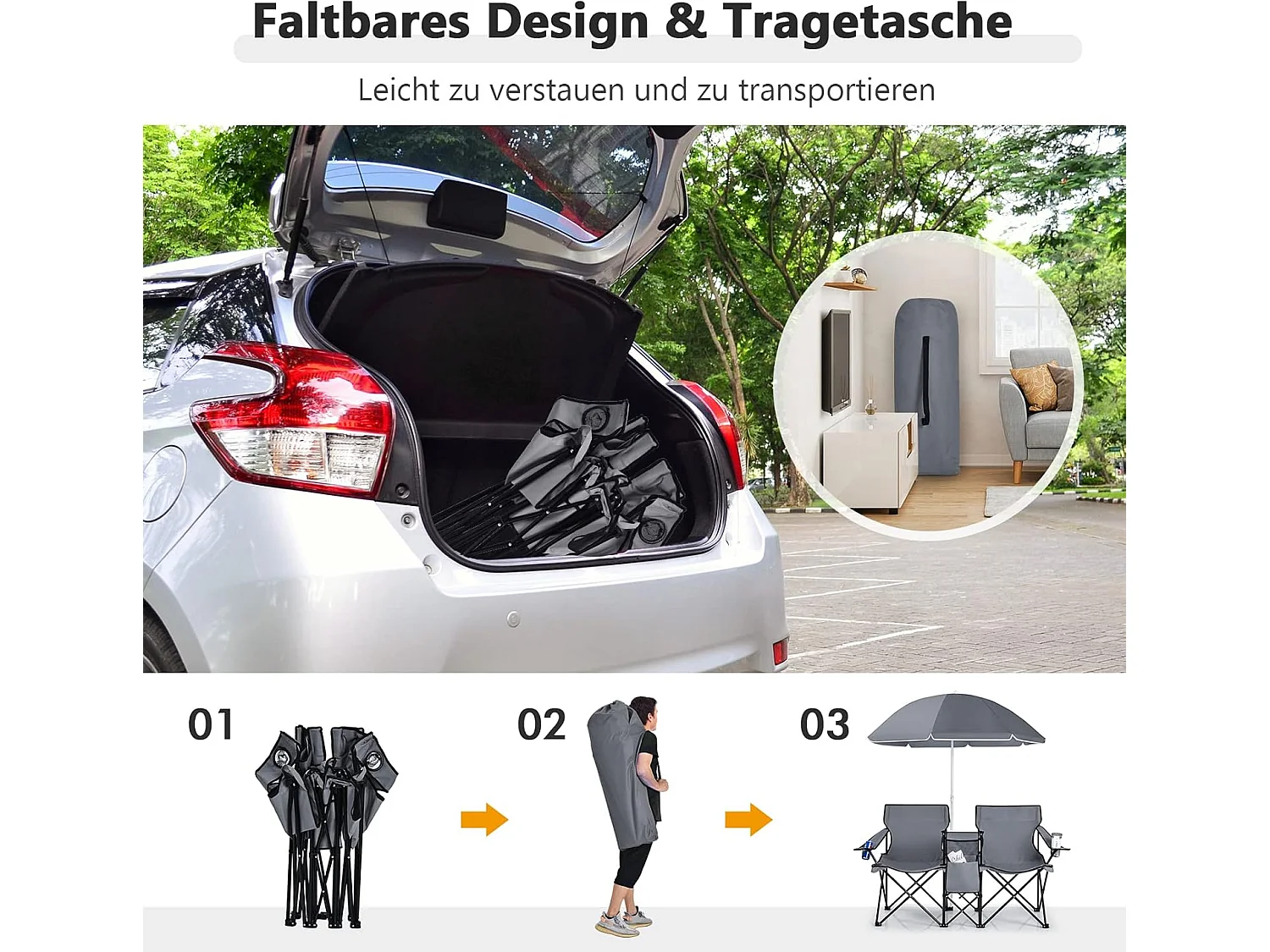 2-zits campingstoel met parasol, koeltas, bekerhouder en zijzak,inklapbare visstoel,klapstoel voor kamperen, vissen, picknick (grijs)AB92843