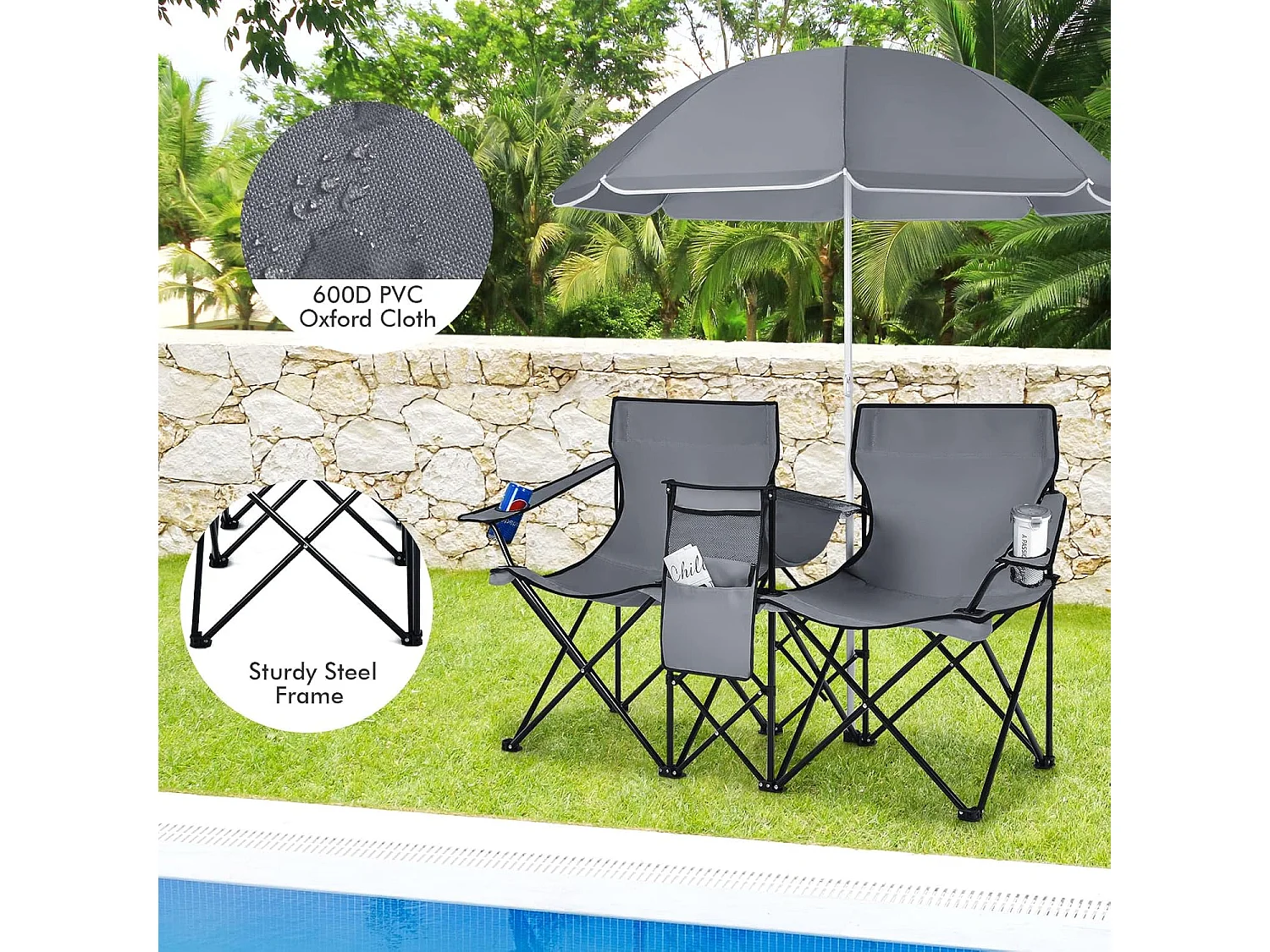 2-zits campingstoel met parasol, koeltas, bekerhouder en zijzak,inklapbare visstoel,klapstoel voor kamperen, vissen, picknick (grijs)AB92843