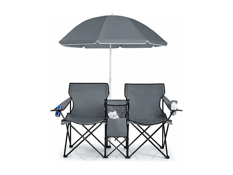 2-zits campingstoel met parasol, koeltas, bekerhouder en zijzak,inklapbare visstoel,klapstoel voor kamperen, vissen, picknick (grijs)AB92843