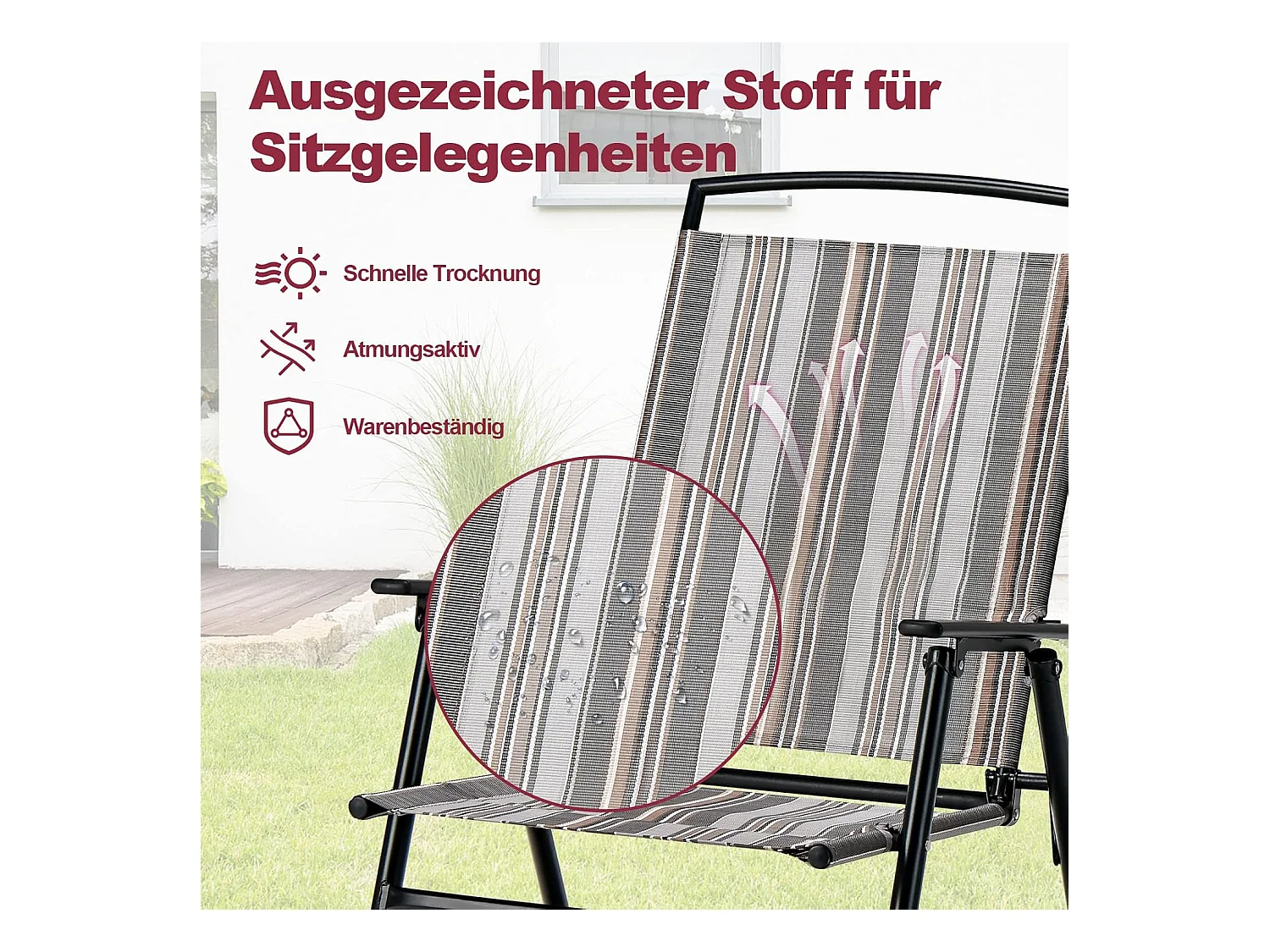 Set van 2 tuinstoelen, klapstoelen met armleuningen, balkonstoelen met ademende stof, terrasstoelen voor tuin, achtertuin, balkon ZB33210