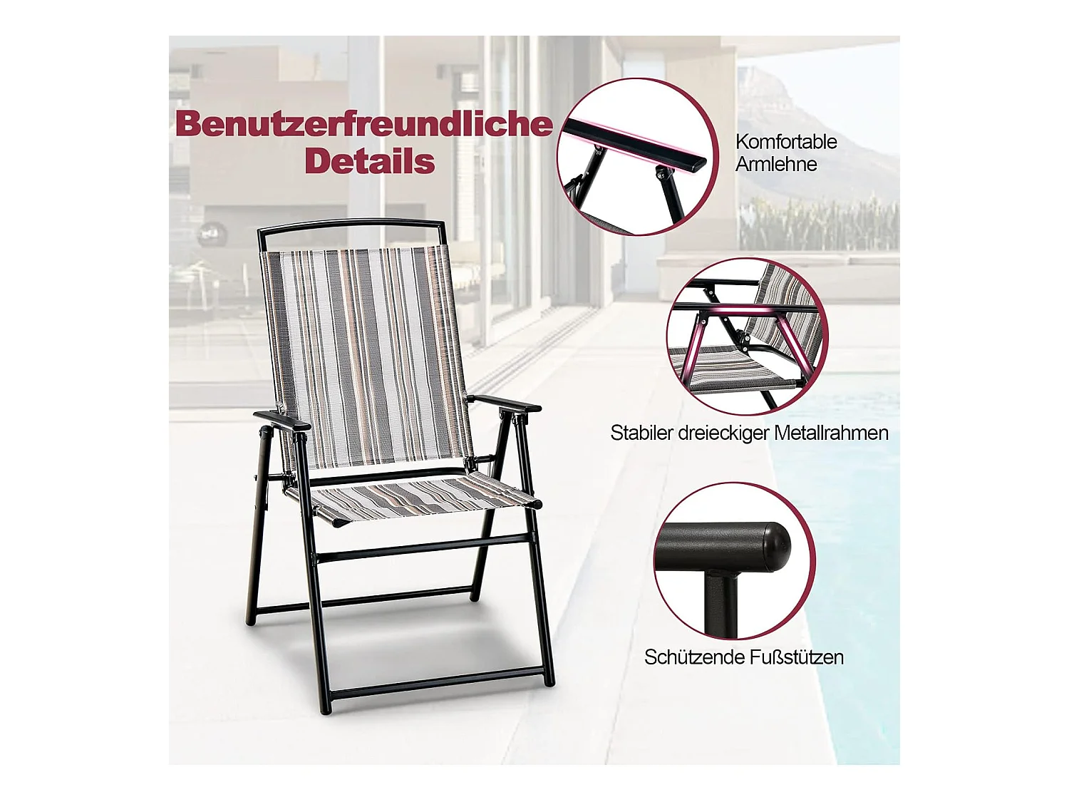 Set van 2 tuinstoelen, klapstoelen met armleuningen, balkonstoelen met ademende stof, terrasstoelen voor tuin, achtertuin, balkon ZB33210