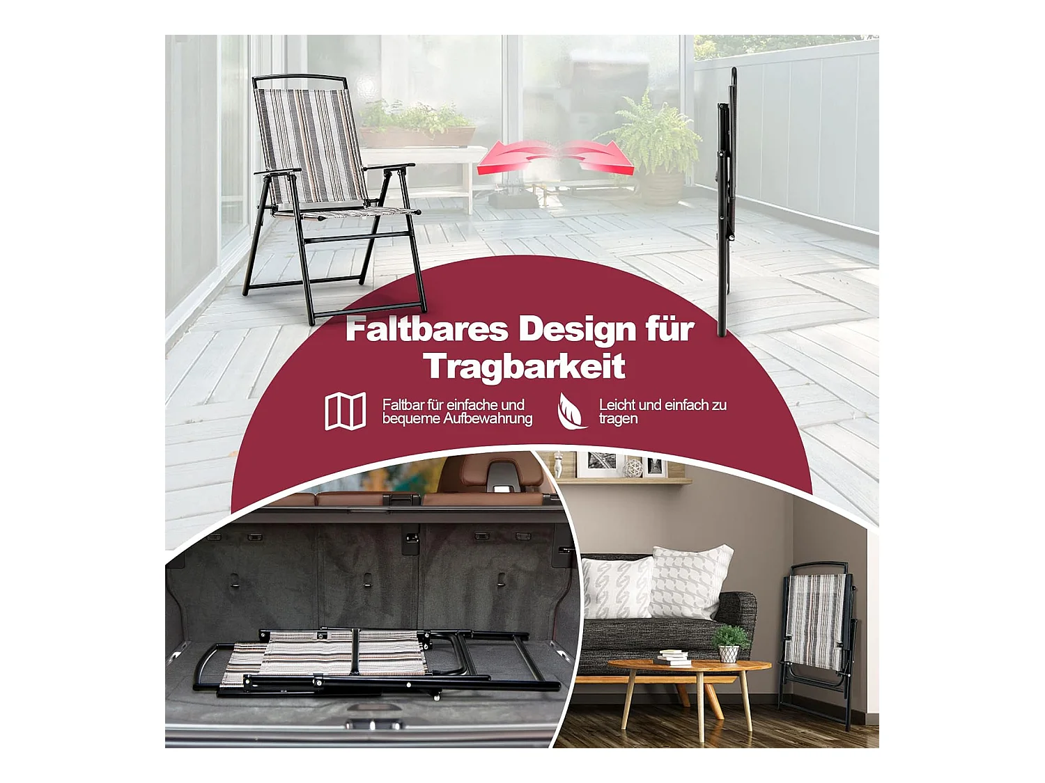 Set van 2 tuinstoelen, klapstoelen met armleuningen, balkonstoelen met ademende stof, terrasstoelen voor tuin, achtertuin, balkon ZB33210