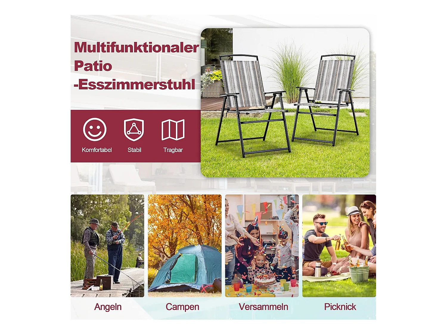 Set van 2 tuinstoelen, klapstoelen met armleuningen, balkonstoelen met ademende stof, terrasstoelen voor tuin, achtertuin, balkon ZB33210