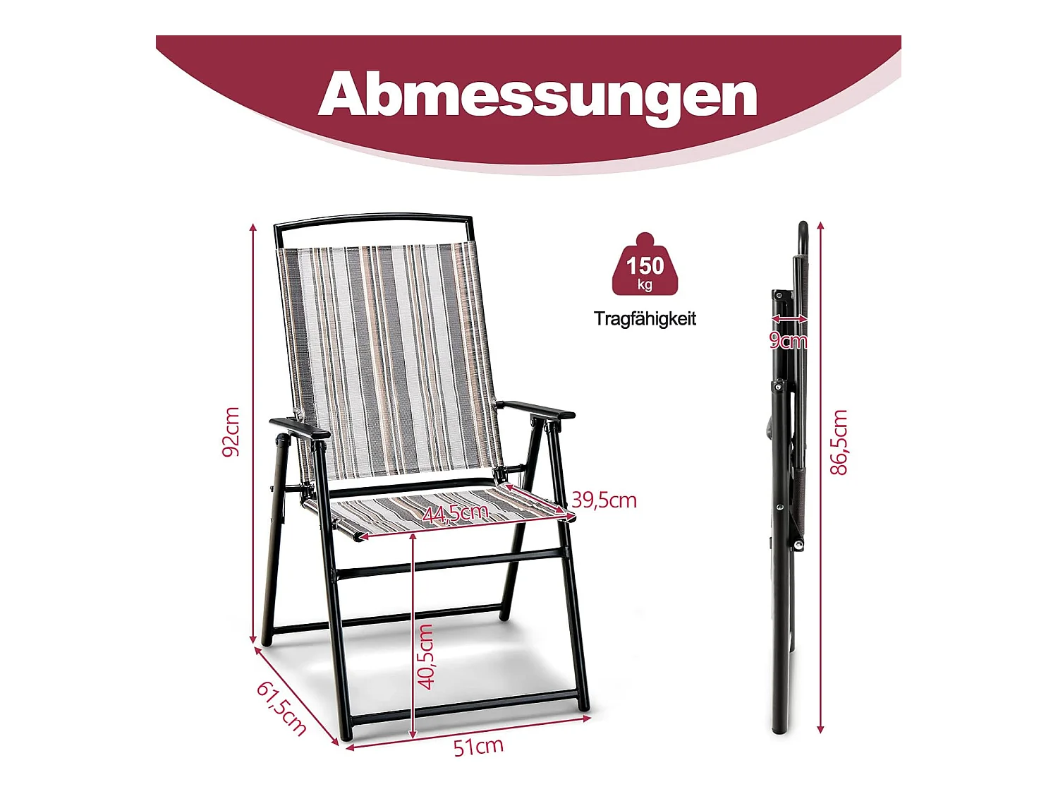 Set van 2 tuinstoelen, klapstoelen met armleuningen, balkonstoelen met ademende stof, terrasstoelen voor tuin, achtertuin, balkon ZB33210