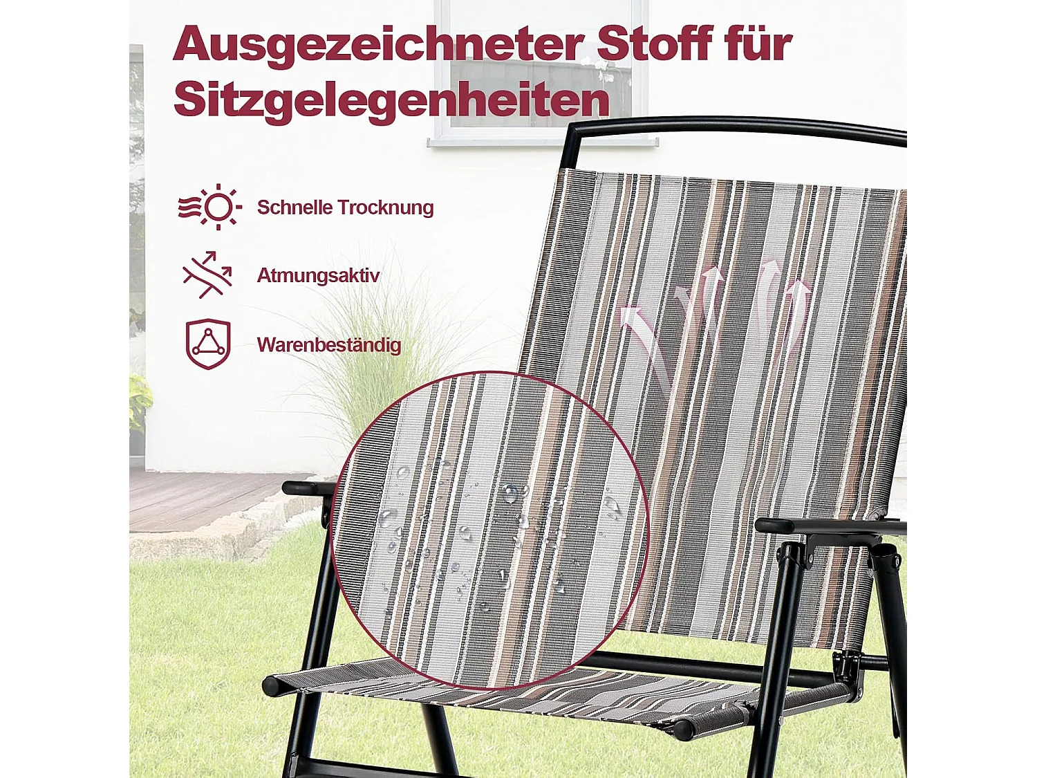 Set van 2 tuinstoelen, klapstoelen met armleuningen, balkonstoelen met ademende stof, terrasstoelen voor tuin, achtertuin, balkon ZB33210