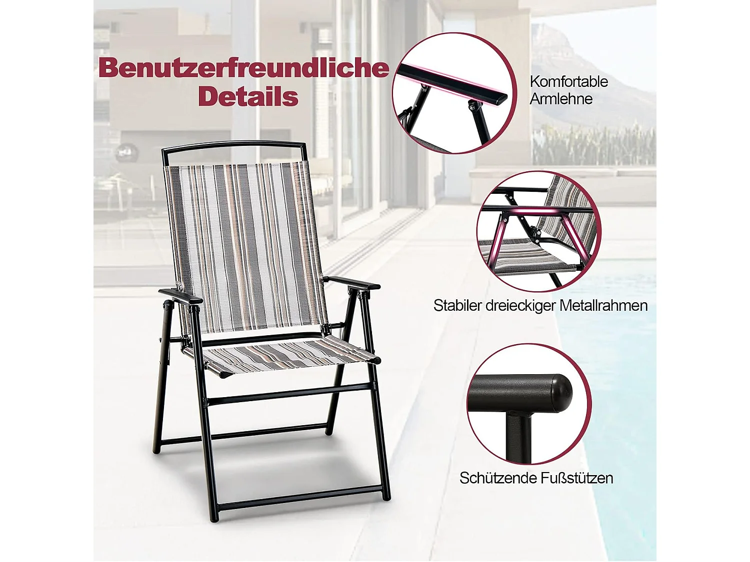 Set van 2 tuinstoelen, klapstoelen met armleuningen, balkonstoelen met ademende stof, terrasstoelen voor tuin, achtertuin, balkon ZB33210