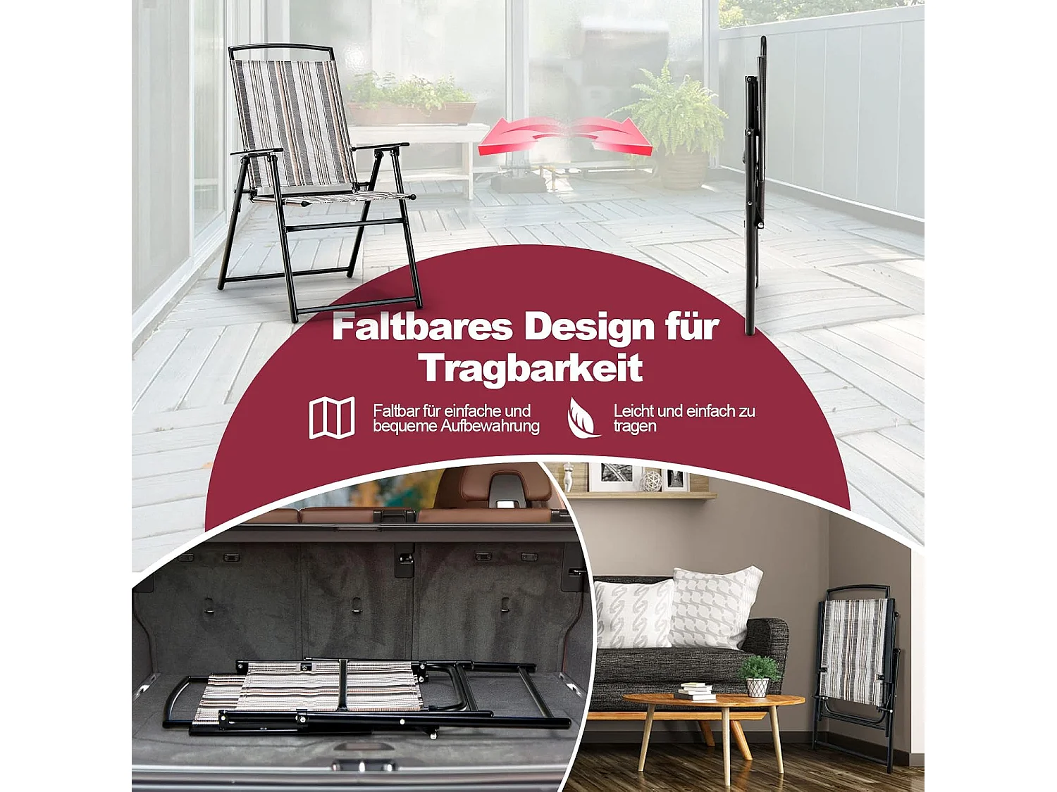 Set van 2 tuinstoelen, klapstoelen met armleuningen, balkonstoelen met ademende stof, terrasstoelen voor tuin, achtertuin, balkon ZB33210