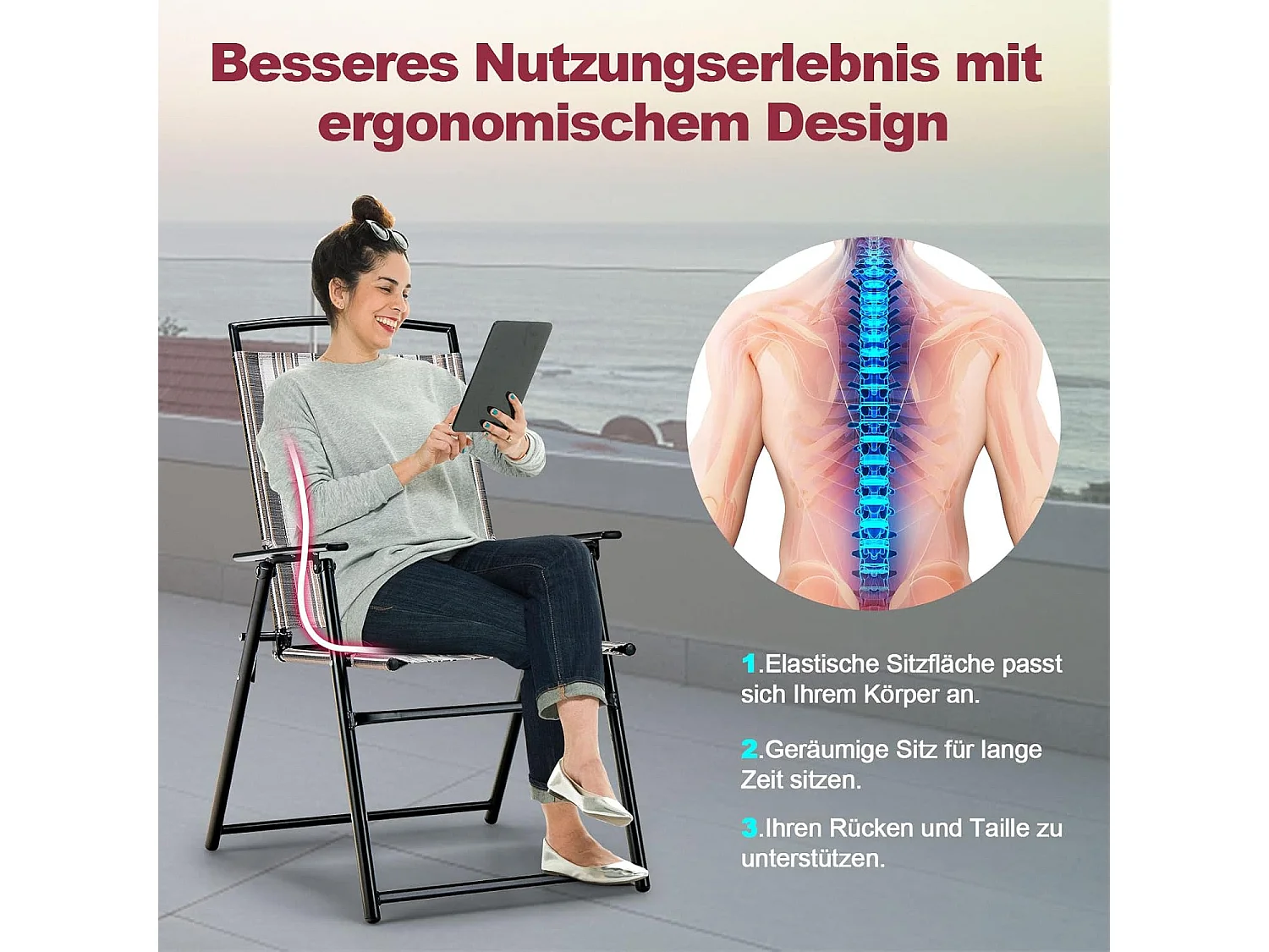 Set van 2 tuinstoelen, klapstoelen met armleuningen, balkonstoelen met ademende stof, terrasstoelen voor tuin, achtertuin, balkon ZB33210