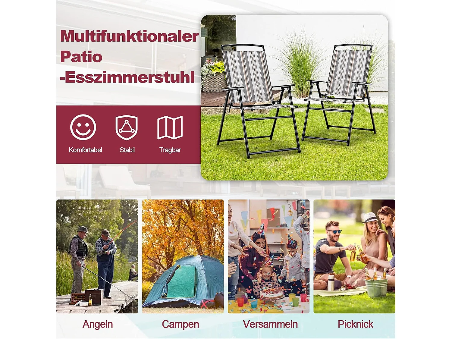 Set van 2 tuinstoelen, klapstoelen met armleuningen, balkonstoelen met ademende stof, terrasstoelen voor tuin, achtertuin, balkon ZB33210