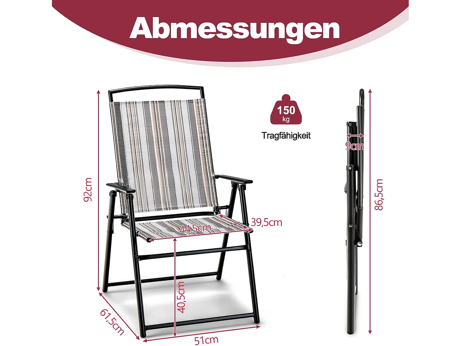 Set van 2 tuinstoelen, klapstoelen met armleuningen, balkonstoelen met ademende stof, terrasstoelen voor tuin, achtertuin, balkon ZB33210