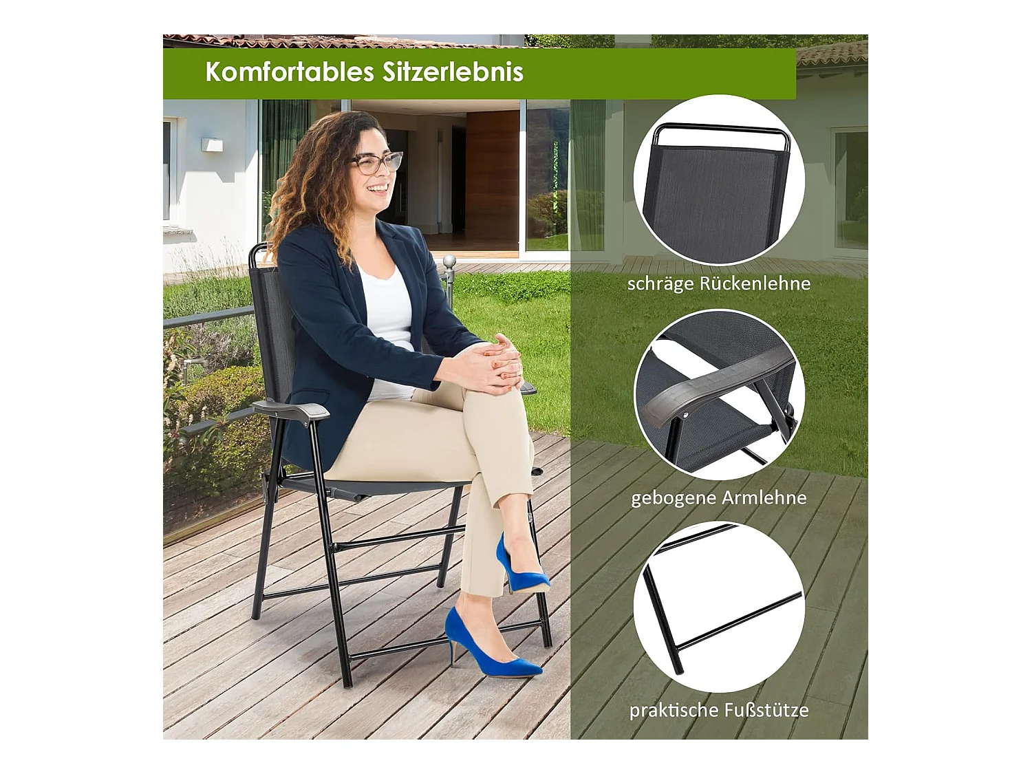 Set van 4 tuinstoelen, klapstoelen met armleuningen, inklapbare balkonstoelen met ademende stof, terrasstoelen voor balkon, tuin, achtertuin