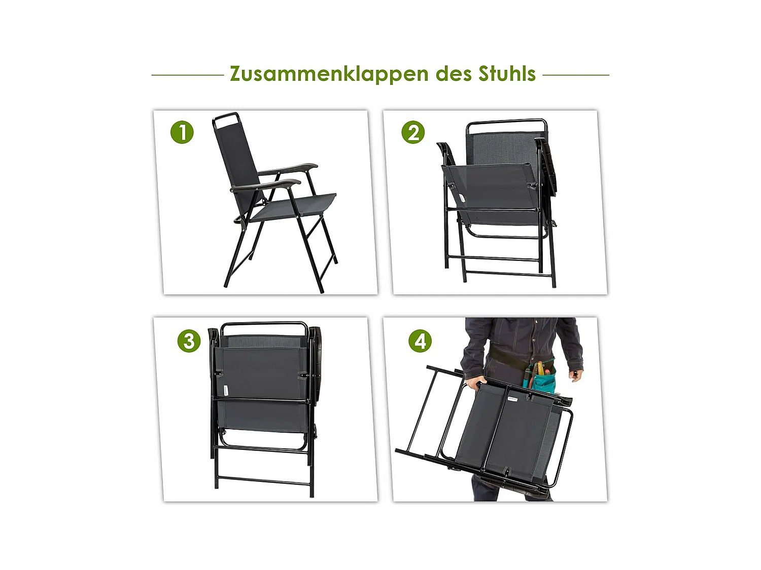 Set van 4 tuinstoelen, klapstoelen met armleuningen, inklapbare balkonstoelen met ademende stof, terrasstoelen voor balkon, tuin, achtertuin