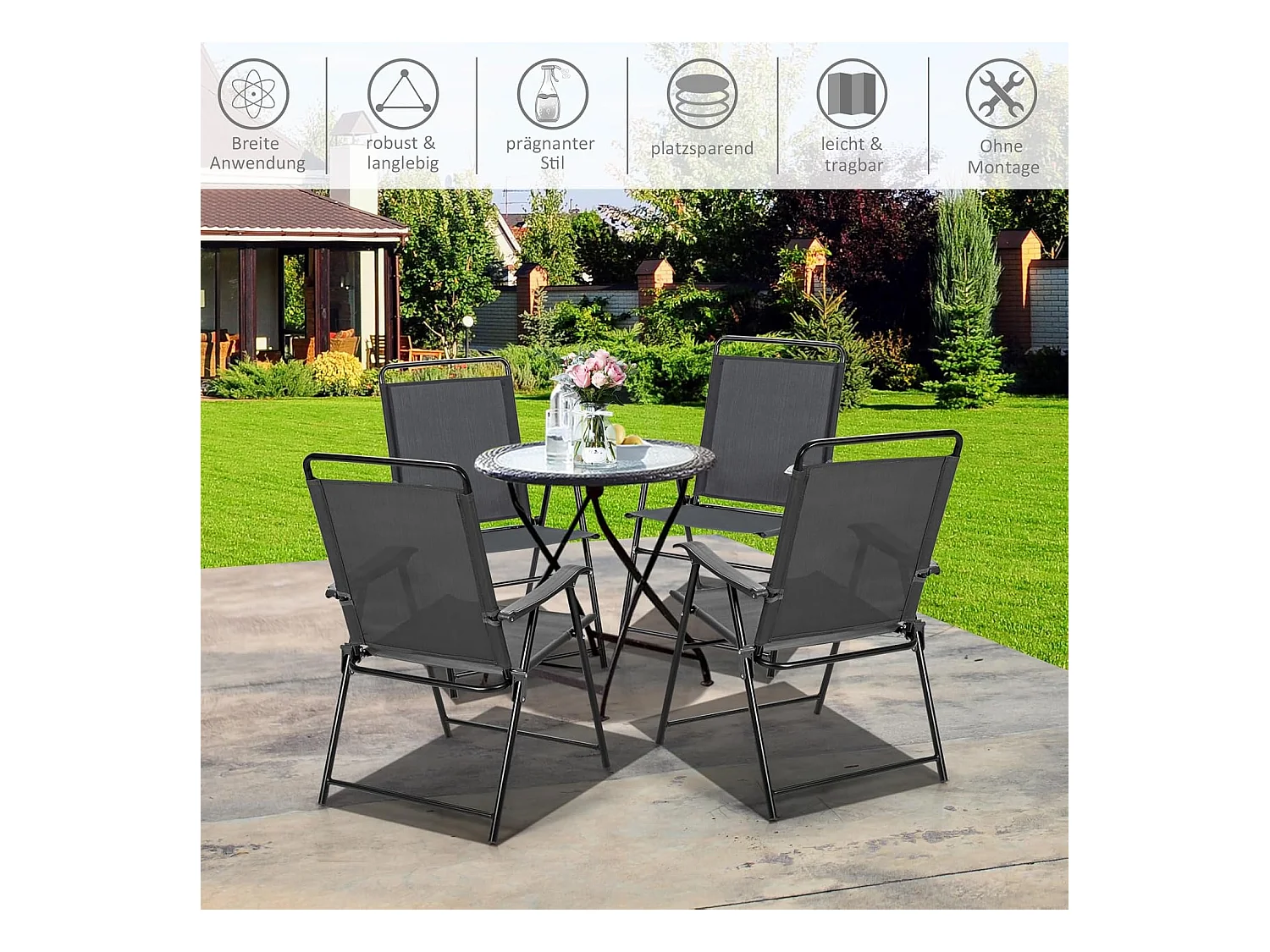 Set van 4 tuinstoelen, klapstoelen met armleuningen, inklapbare balkonstoelen met ademende stof, terrasstoelen voor balkon, tuin, achtertuin