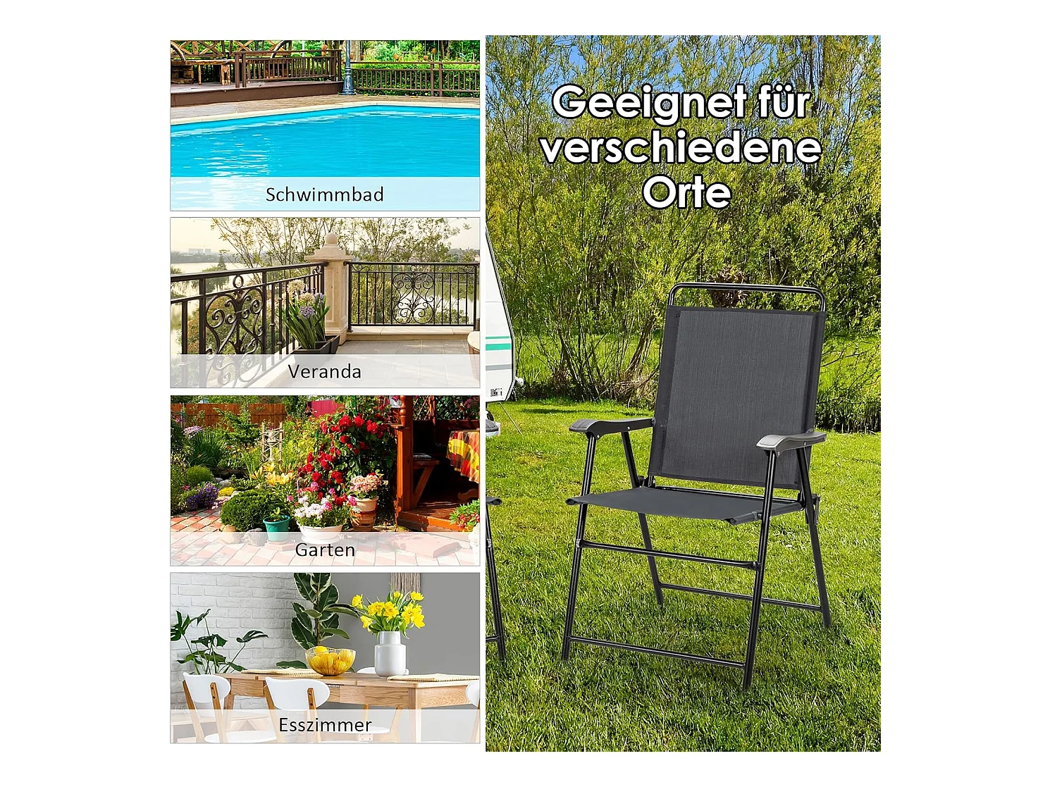 Set van 4 tuinstoelen, klapstoelen met armleuningen, inklapbare balkonstoelen met ademende stof, terrasstoelen voor balkon, tuin, achtertuin