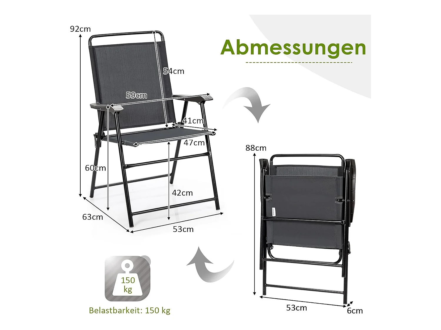 Set van 4 tuinstoelen, klapstoelen met armleuningen, inklapbare balkonstoelen met ademende stof, terrasstoelen voor balkon, tuin, achtertuin