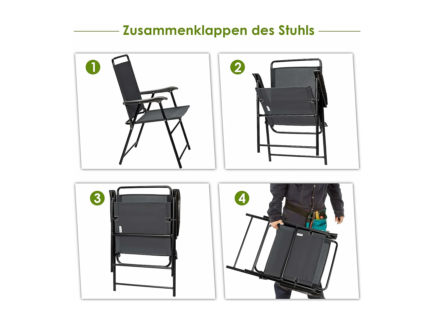 Set van 4 tuinstoelen, klapstoelen met armleuningen, inklapbare balkonstoelen met ademende stof, terrasstoelen voor balkon, tuin, achtertuin