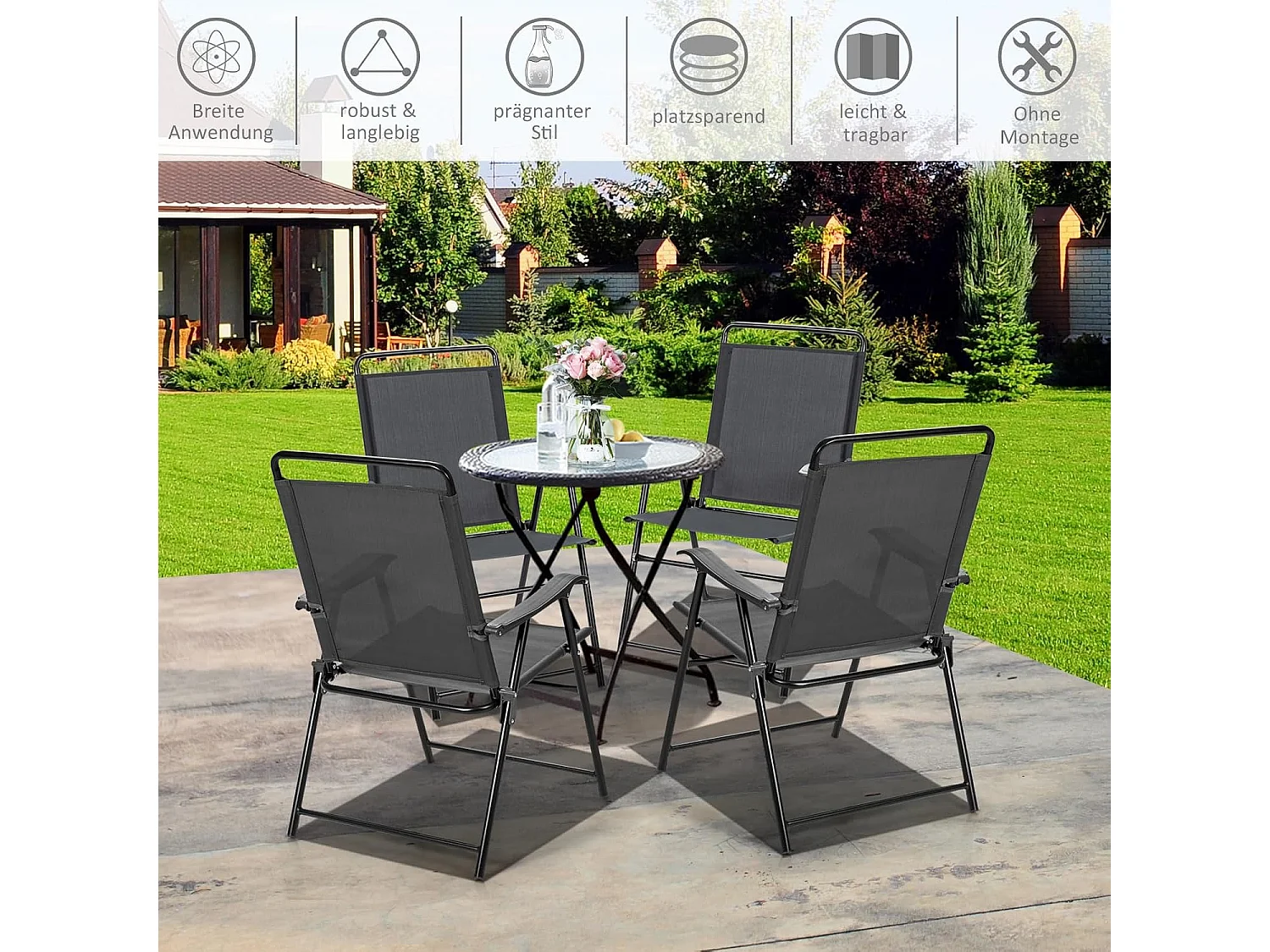 Set van 4 tuinstoelen, klapstoelen met armleuningen, inklapbare balkonstoelen met ademende stof, terrasstoelen voor balkon, tuin, achtertuin