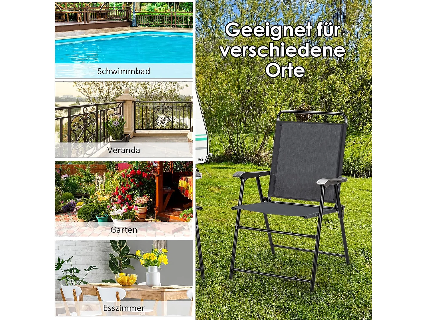 Set van 4 tuinstoelen, klapstoelen met armleuningen, inklapbare balkonstoelen met ademende stof, terrasstoelen voor balkon, tuin, achtertuin