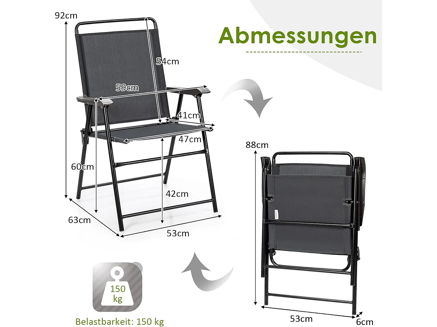 Set van 4 tuinstoelen, klapstoelen met armleuningen, inklapbare balkonstoelen met ademende stof, terrasstoelen voor balkon, tuin, achtertuin