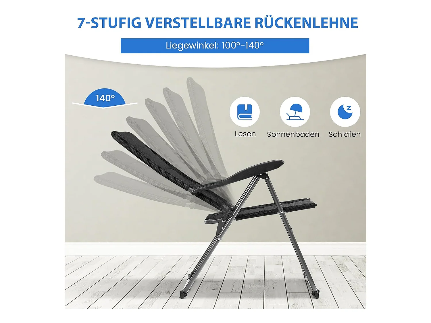 Set van 2 tuinstoelen, klapstoelen met 7-voudig verstelbare rugleuning, inklapbare balkonstoelen, terras, achtertuin, zwartAB92493