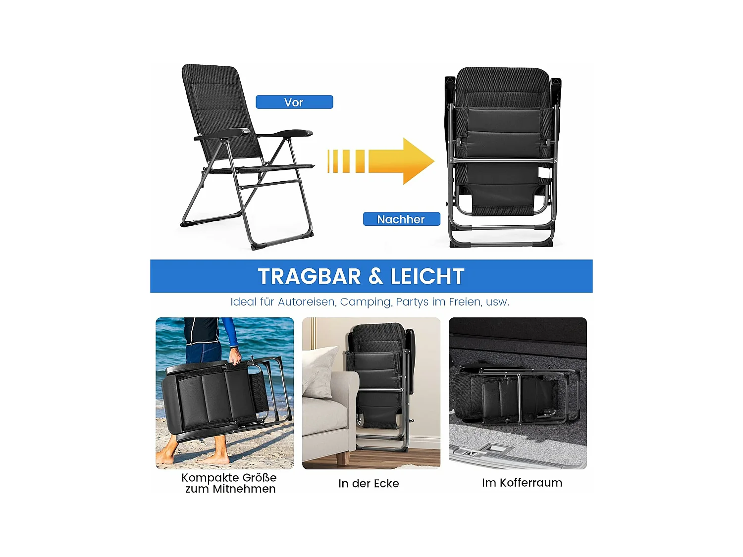 Set van 2 tuinstoelen, klapstoelen met 7-voudig verstelbare rugleuning, inklapbare balkonstoelen, terras, achtertuin, zwartAB92493