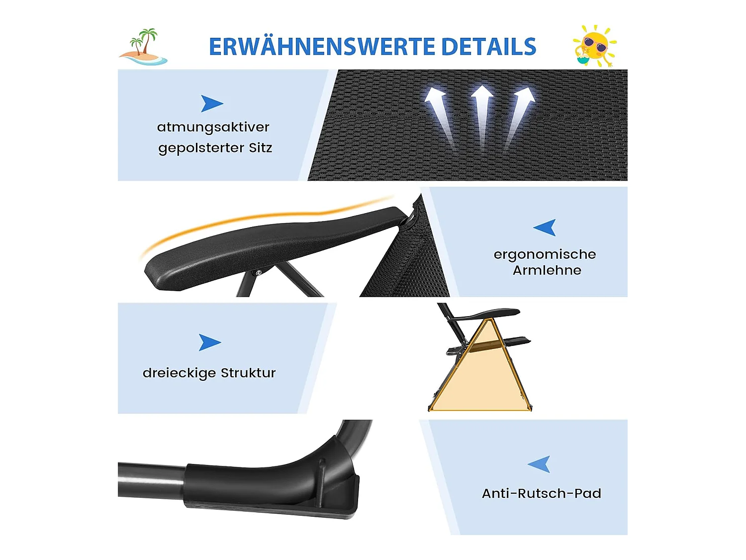 Set van 2 tuinstoelen, klapstoelen met 7-voudig verstelbare rugleuning, inklapbare balkonstoelen, terras, achtertuin, zwartAB92493