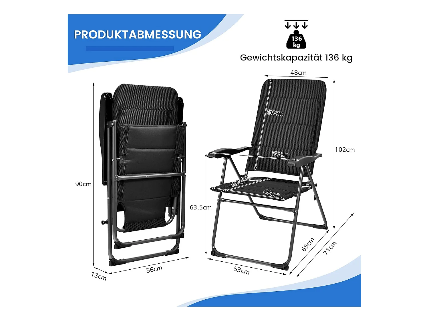 Set van 2 tuinstoelen, klapstoelen met 7-voudig verstelbare rugleuning, inklapbare balkonstoelen, terras, achtertuin, zwartAB92493