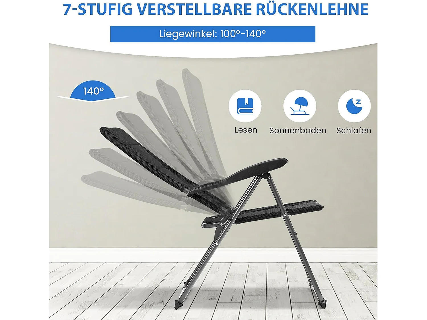 Set van 2 tuinstoelen, klapstoelen met 7-voudig verstelbare rugleuning, inklapbare balkonstoelen, terras, achtertuin, zwartAB92493