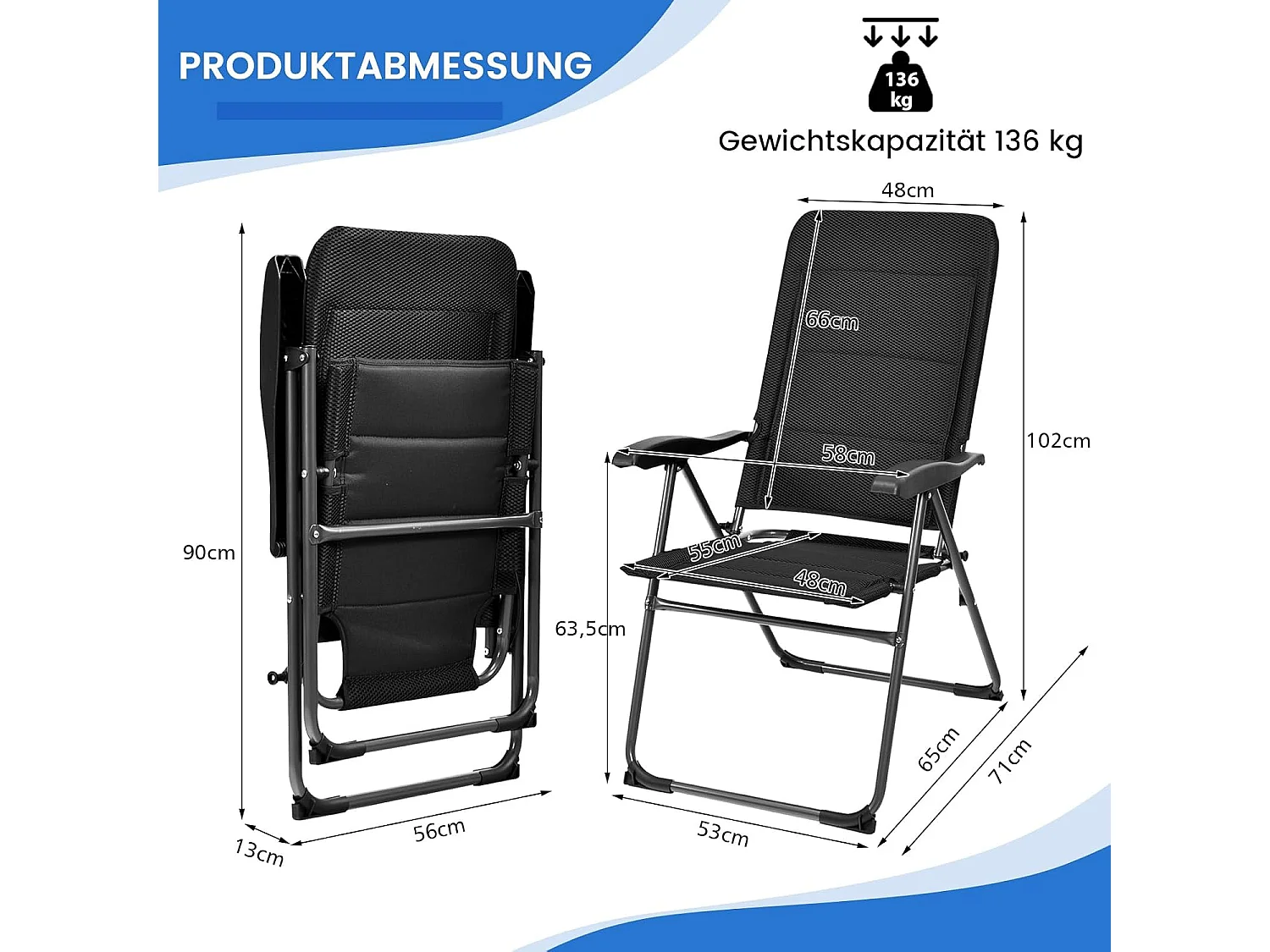 Set van 2 tuinstoelen, klapstoelen met 7-voudig verstelbare rugleuning, inklapbare balkonstoelen, terras, achtertuin, zwartAB92493
