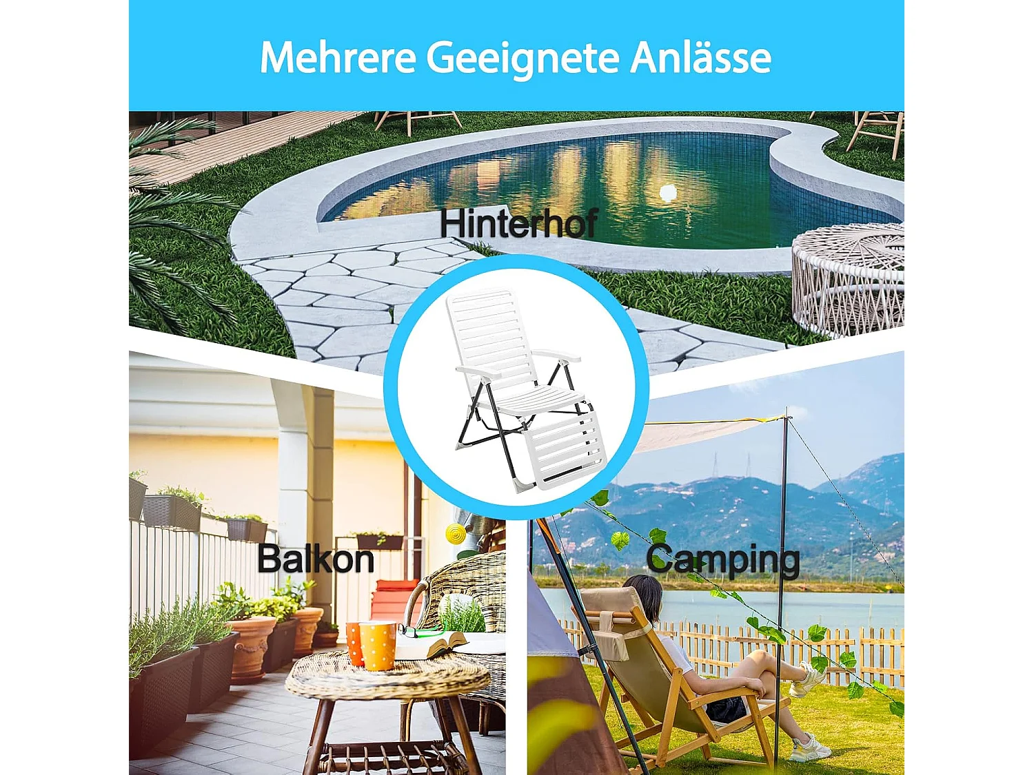 Ligstoel, inklapbare ligstoel met 7-voudig verstelbare rugleuning, weerbestendige relaxstoel met hoge rugleuning, ademend, ligstoel voor achtertuin, balkon ZB32147