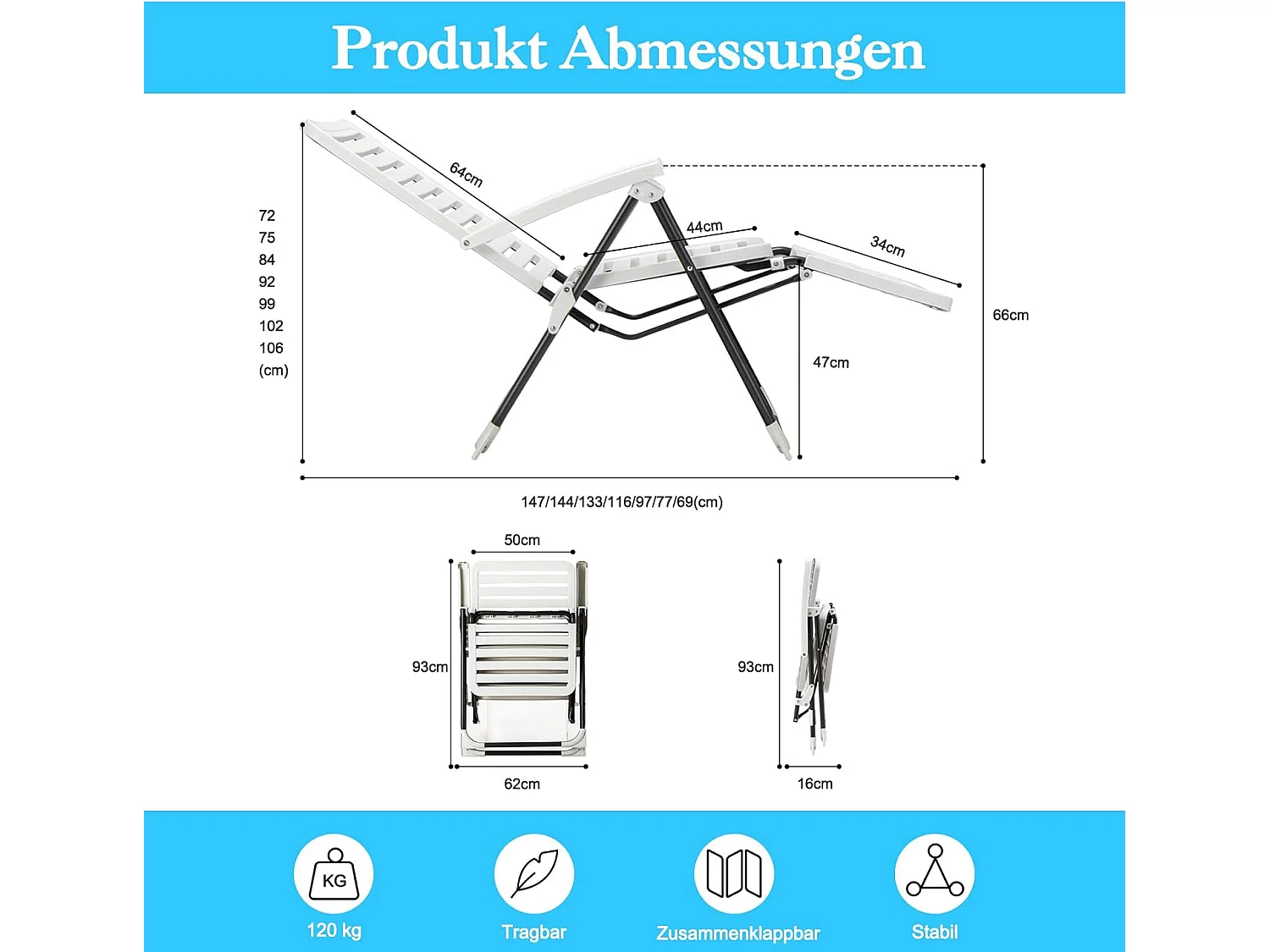 Ligstoel, inklapbare ligstoel met 7-voudig verstelbare rugleuning, weerbestendige relaxstoel met hoge rugleuning, ademend, ligstoel voor achtertuin, balkon ZB32147