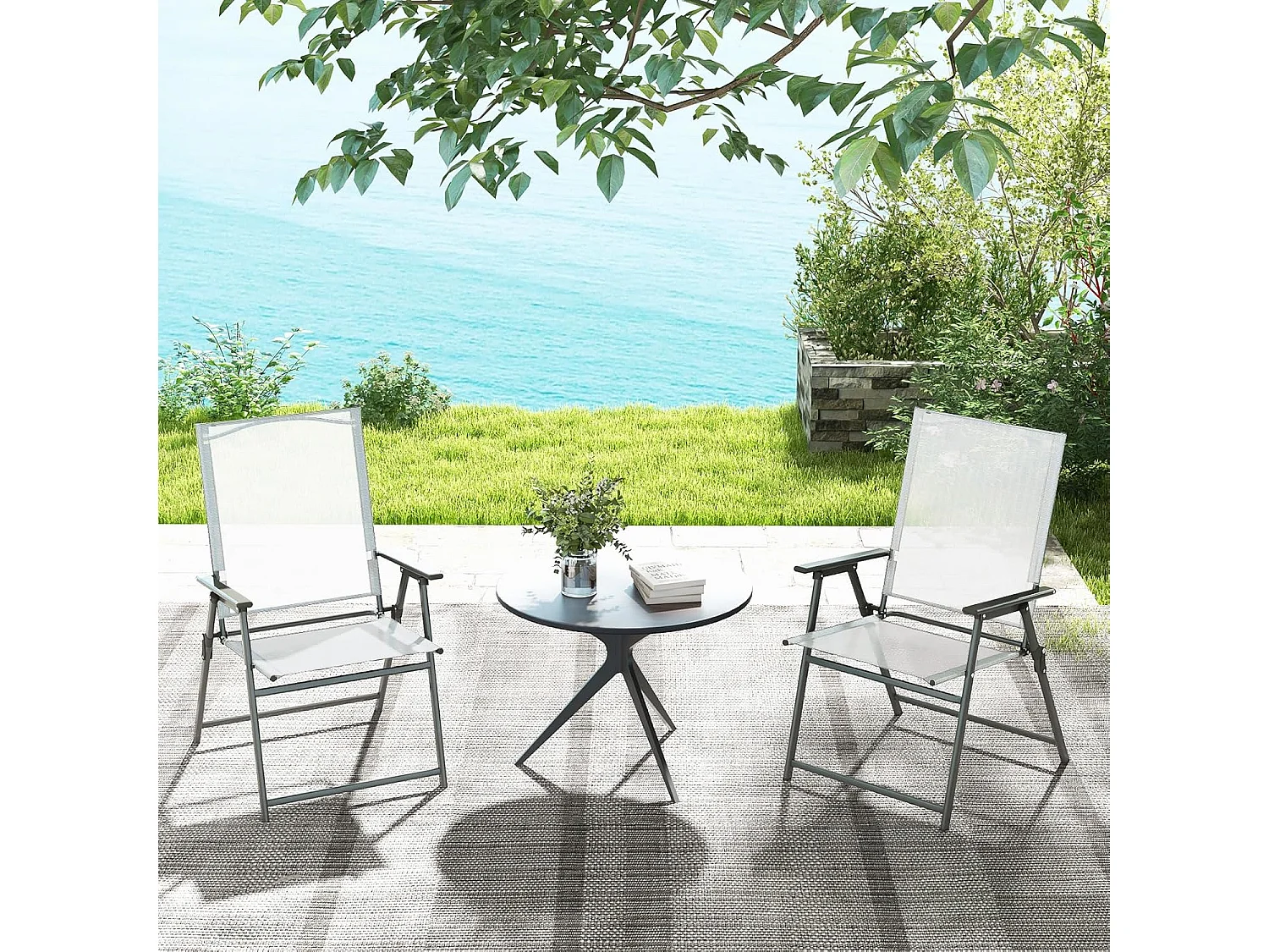 Set van 4 tuinstoelen, klapstoelen met weerbestendige stof, balkonstoelen met armleuningen, terrasstoelen voor tuin, terras, balkon (wit) ZB33246