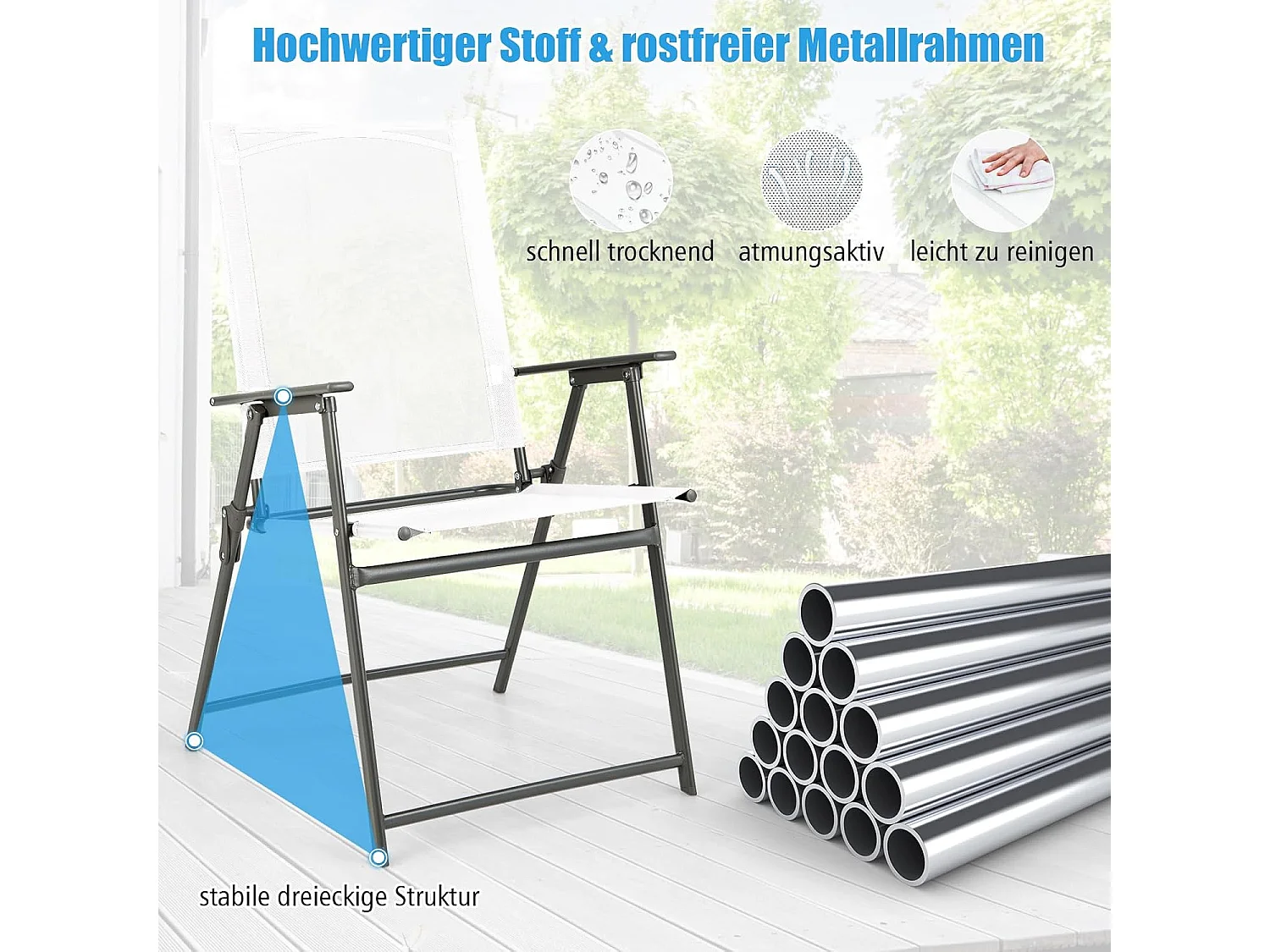 Set van 4 tuinstoelen, klapstoelen met weerbestendige stof, balkonstoelen met armleuningen, terrasstoelen voor tuin, terras, balkon (wit) ZB33246
