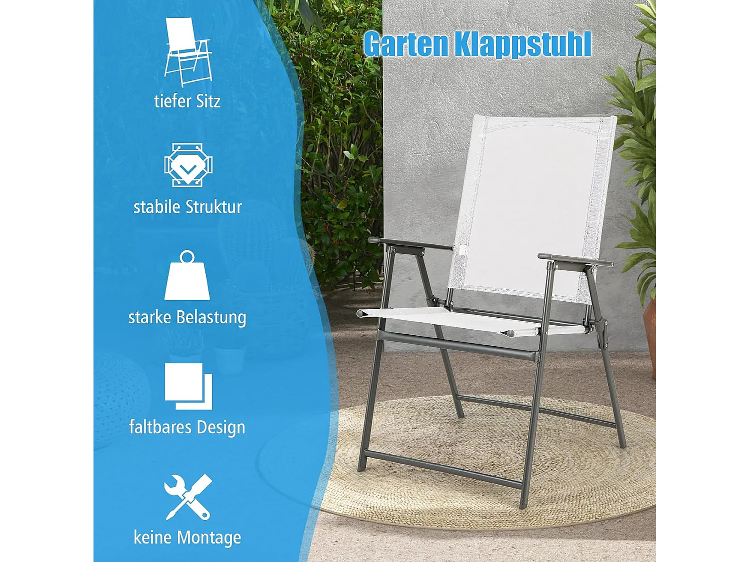 Set van 4 tuinstoelen, klapstoelen met weerbestendige stof, balkonstoelen met armleuningen, terrasstoelen voor tuin, terras, balkon (wit) ZB33246