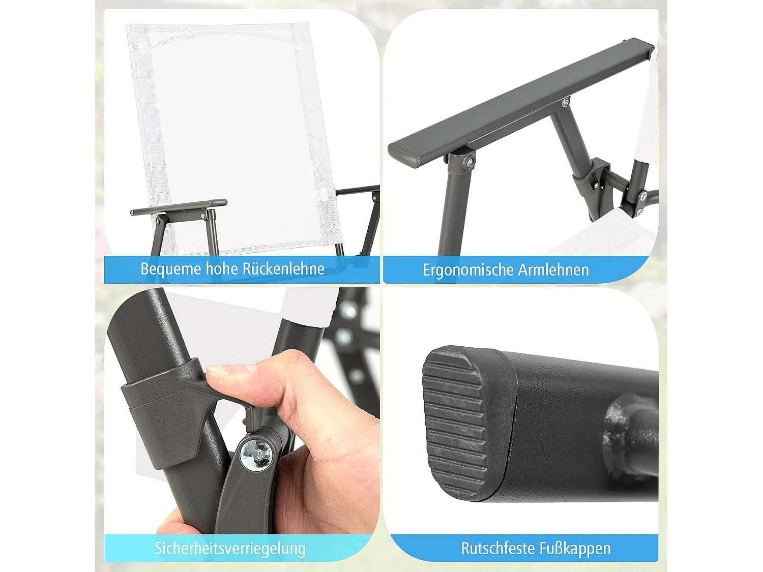 Set van 4 tuinstoelen, klapstoelen met weerbestendige stof, balkonstoelen met armleuningen, terrasstoelen voor tuin, terras, balkon (wit) ZB33246