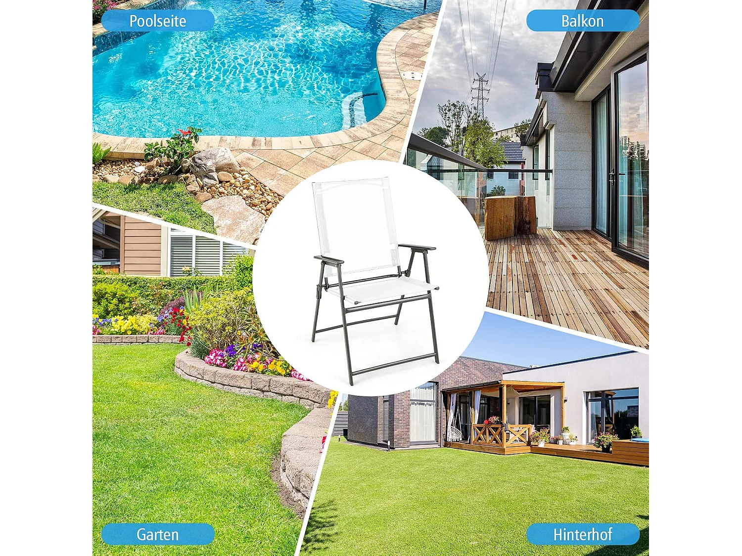 Set van 4 tuinstoelen, klapstoelen met weerbestendige stof, balkonstoelen met armleuningen, terrasstoelen voor tuin, terras, balkon (wit) ZB33246