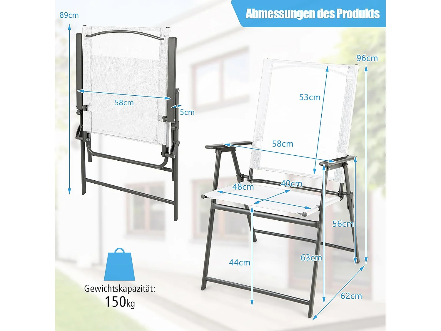 Set van 4 tuinstoelen, klapstoelen met weerbestendige stof, balkonstoelen met armleuningen, terrasstoelen voor tuin, terras, balkon (wit) ZB33246