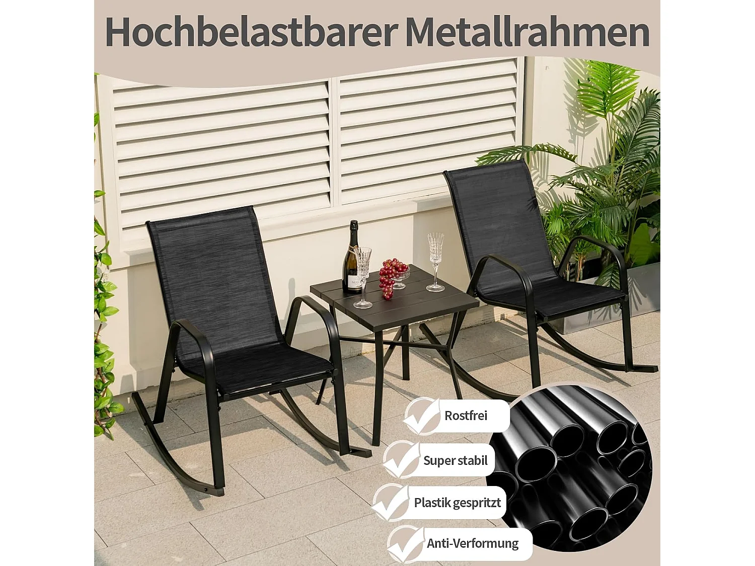 Set van 2 schommelstoelen met ademende stoffen zitting, tuinstoelen, schommelstoel, schommelstoel voor tuin, balkon, terras (zwart) ZB33202