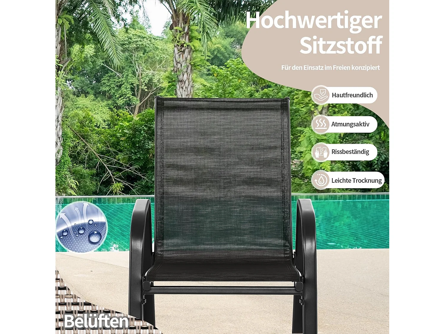 Set van 2 schommelstoelen met ademende stoffen zitting, tuinstoelen, schommelstoel, schommelstoel voor tuin, balkon, terras (zwart) ZB33202
