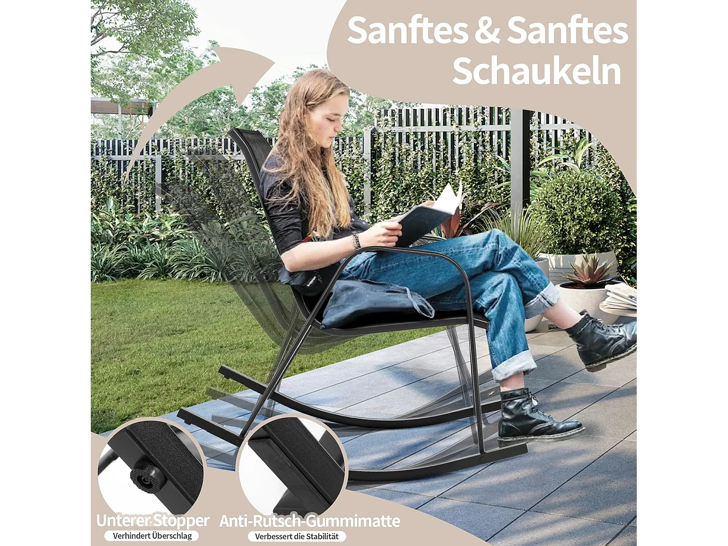 Set van 2 schommelstoelen met ademende stoffen zitting, tuinstoelen, schommelstoel, schommelstoel voor tuin, balkon, terras (zwart) ZB33202