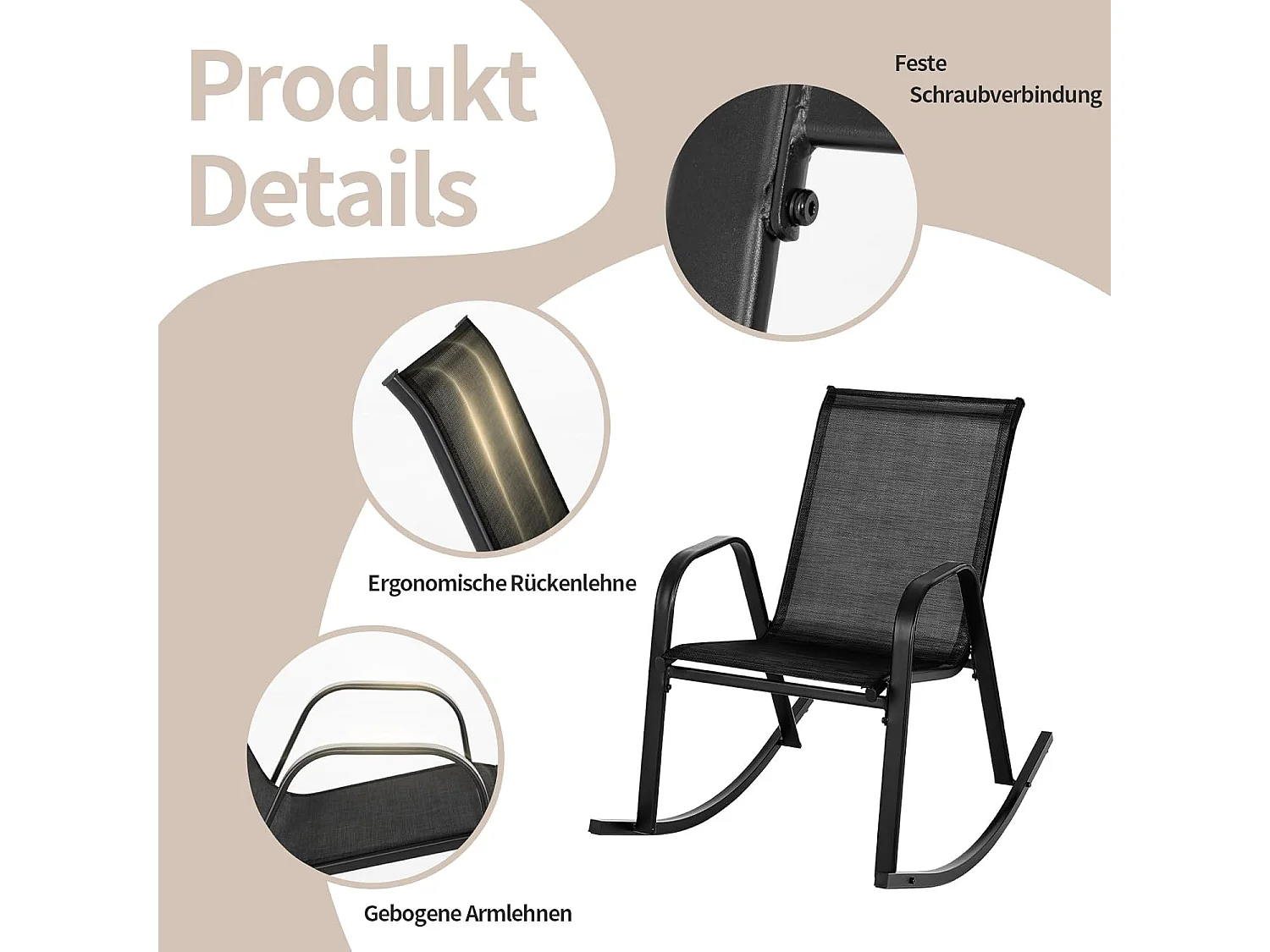 Set van 2 schommelstoelen met ademende stoffen zitting, tuinstoelen, schommelstoel, schommelstoel voor tuin, balkon, terras (zwart) ZB33202