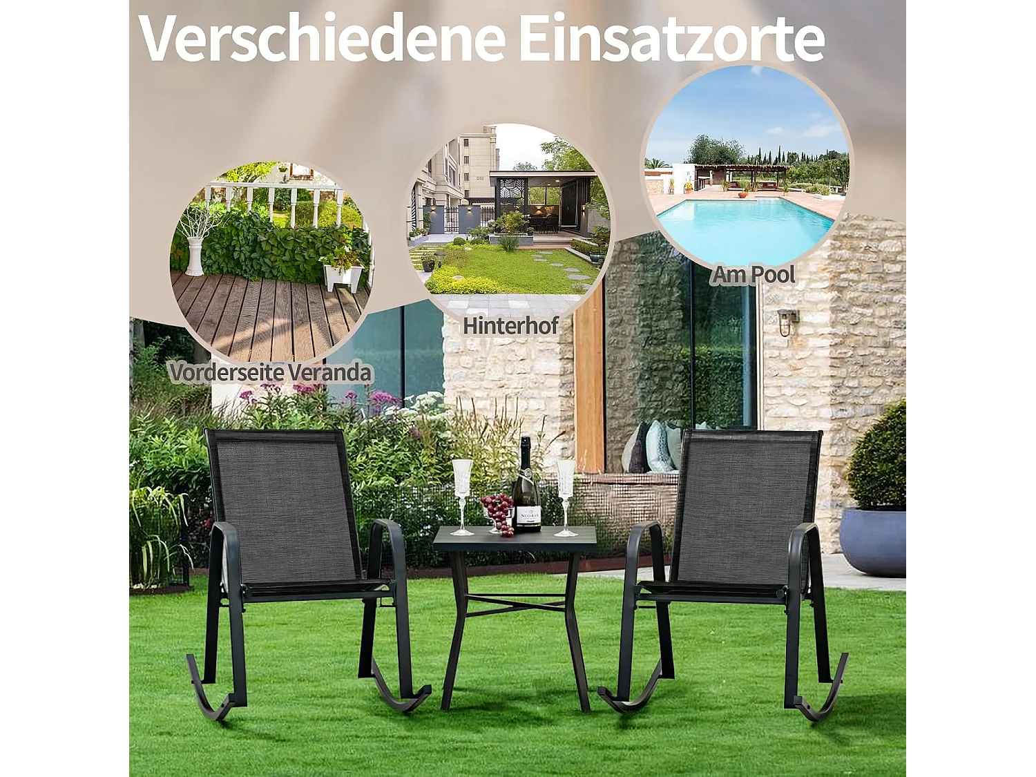 Set van 2 schommelstoelen met ademende stoffen zitting, tuinstoelen, schommelstoel, schommelstoel voor tuin, balkon, terras (zwart) ZB33202