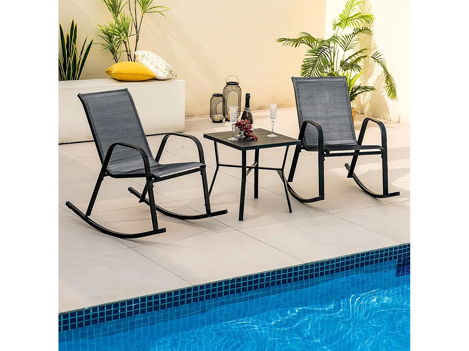 Set van 2 schommelstoelen met ademende stoffen zitting, tuinstoelen, schommelstoel, schommelstoel voor tuin, balkon, terras (zwart) ZB33202