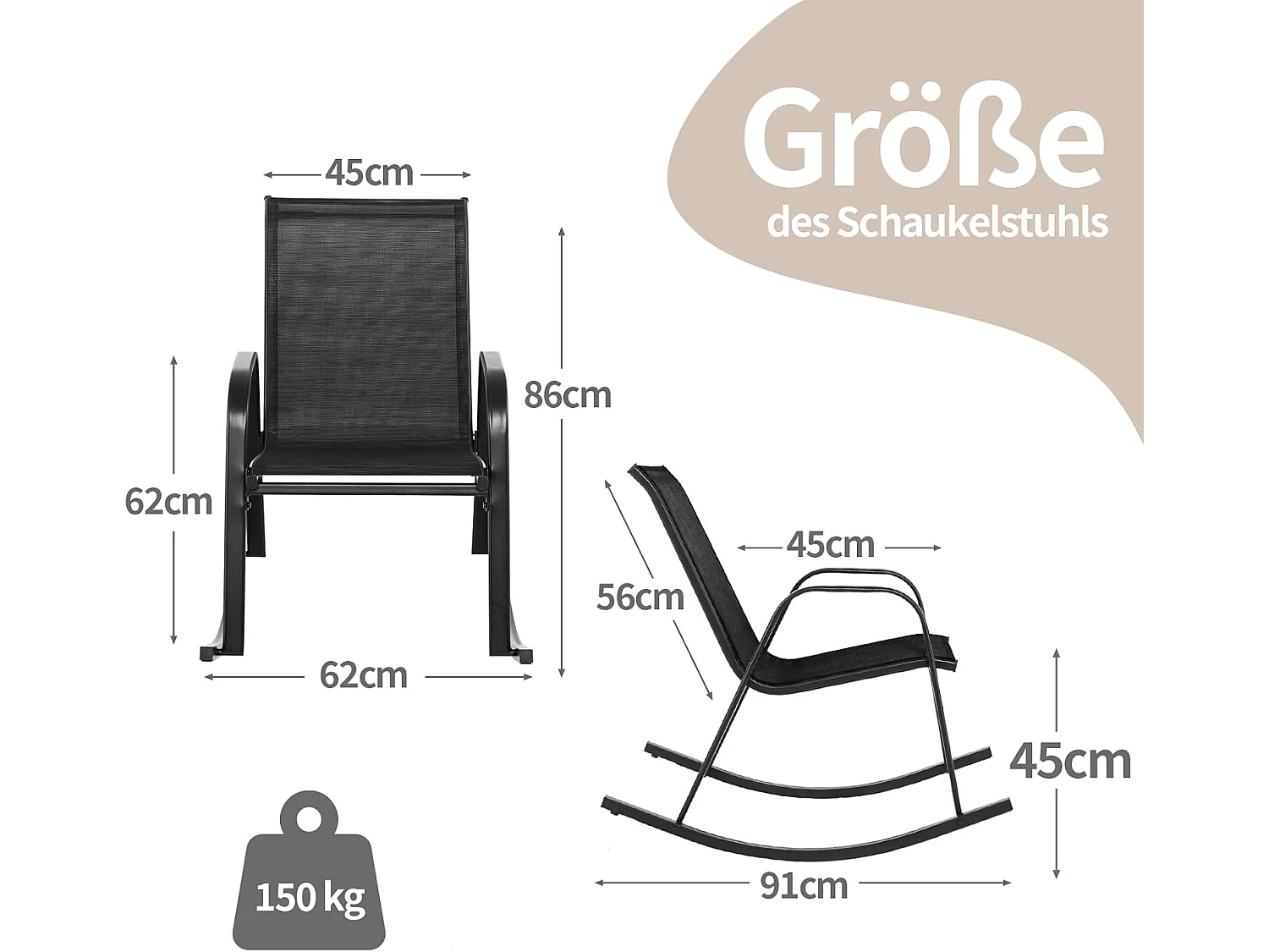 Set van 2 schommelstoelen met ademende stoffen zitting, tuinstoelen, schommelstoel, schommelstoel voor tuin, balkon, terras (zwart) ZB33202