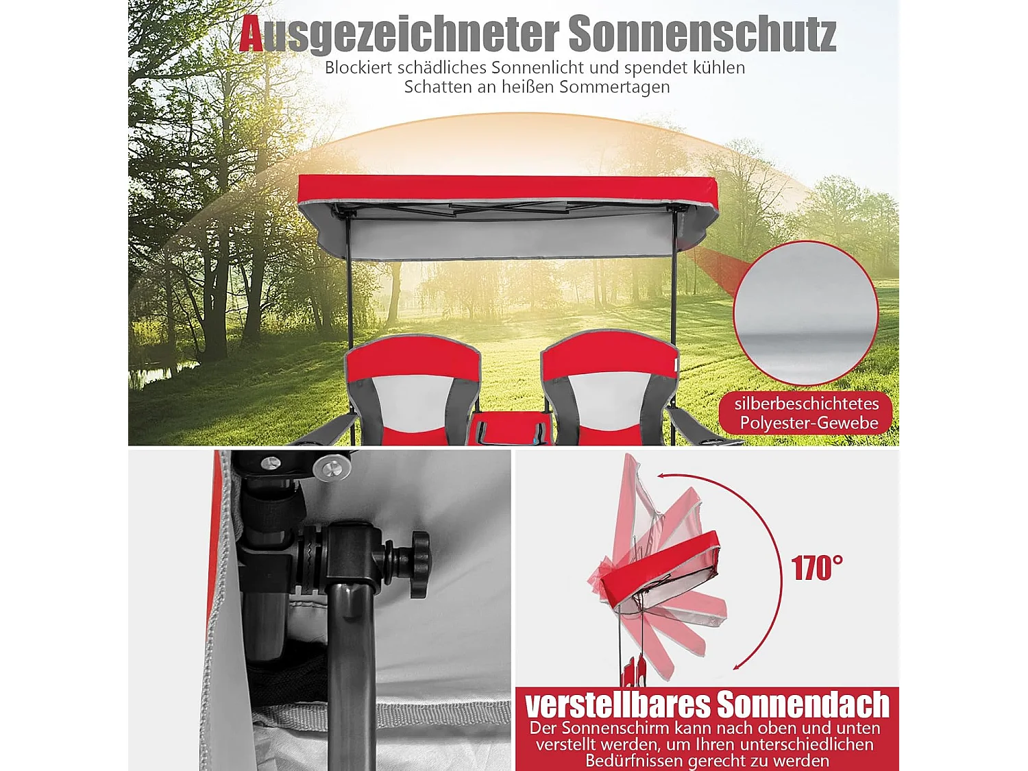 2-zits campingstoel met zonwering,mini-tafel,koeltas en bekerhouder,inklapbare visstoel,klapstoel voor kamperen,vissen,picknick (rood)AB92781